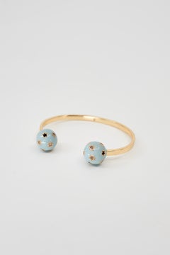 Light Blue Enamel Gold Cuff Bracelet Diamond Celestial Star Open Bangle