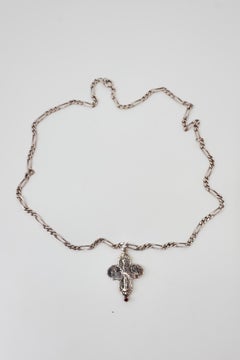 Vintage Solid Sterling Silver Greek Cross Ruby Figaro Chain Necklace