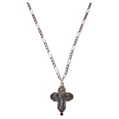 Vintage Solid Sterling Silver Greek Cross Ruby Figaro Chain Necklace