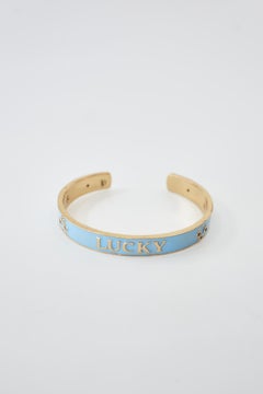 Lucky Blue Sapphire Horseshoe Light Blue Enamel Gold Cuff Bracelet