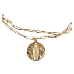Blue Tanzanite Necklace Marian Medallion Gold Paperclip Link Chain