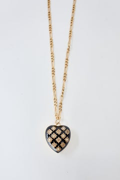 Black Enamel Starburst Heart Necklace Diamond Pearl Gold Figaro Chain 28"