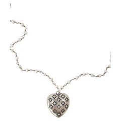 Sterling Silver Pearl Rosary Chain Heart Pendant Necklace White Diamond Stars