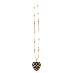 Black Enamel Starburst Heart Necklace Diamond Pearl Gold Figaro Chain 28"
