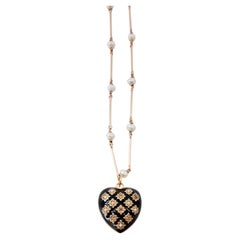 Heart Necklace Pearl Chain Black Enamel Diamond Pearl Stars