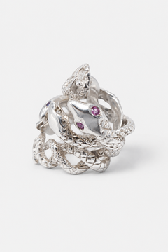 Four-Head Snake Ring with Emerald Diamond Pink Sapphire and Tanzanite J Dauphin