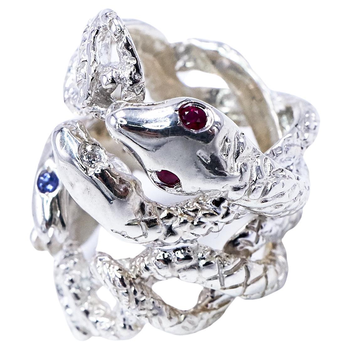 White Diamond Ruby Tanzanite Snake Silver Ring Cocktail Statement J Dauphin For Sale