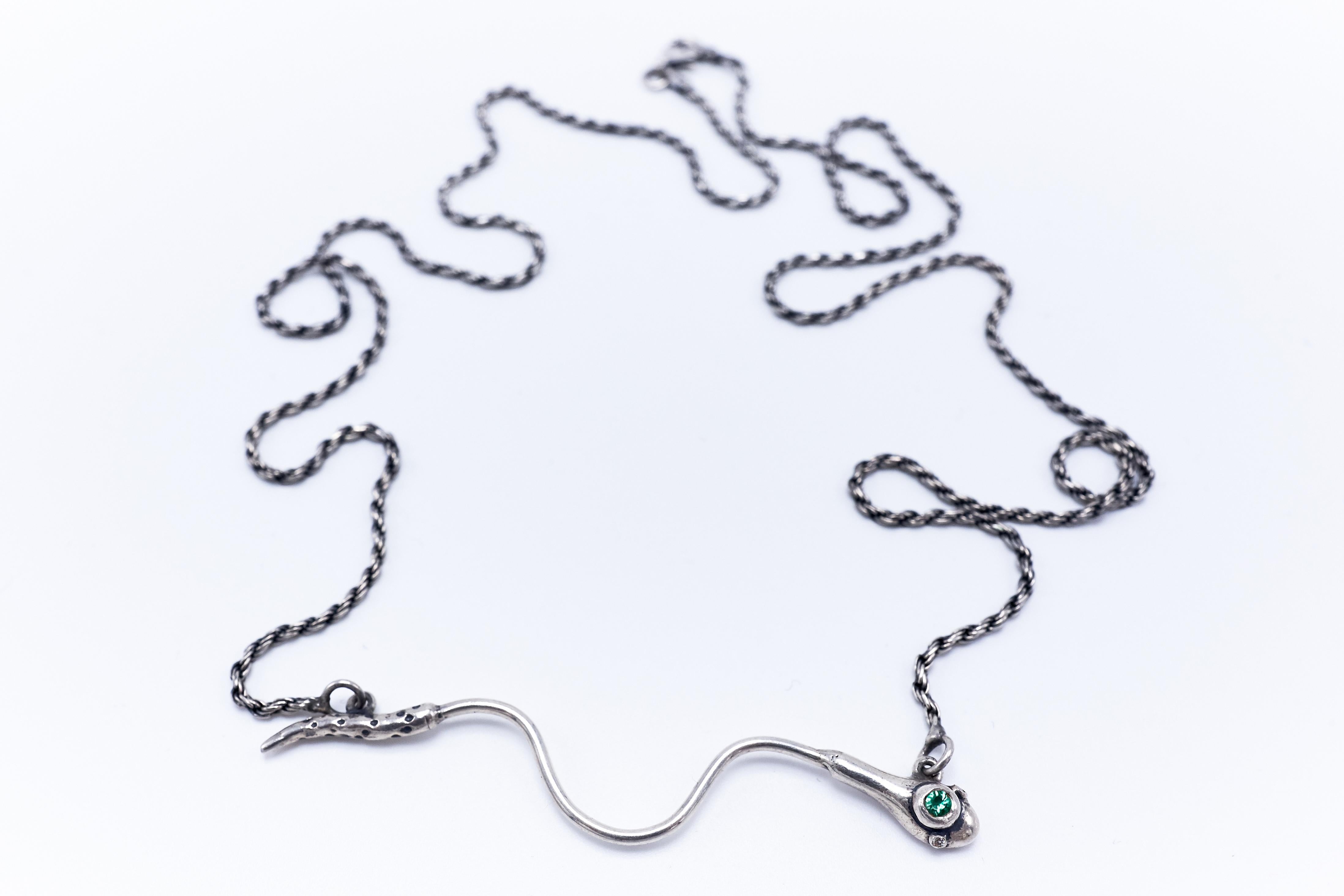 Victorian Emerald White Diamond Snake Necklace  Silver J Dauphin For Sale