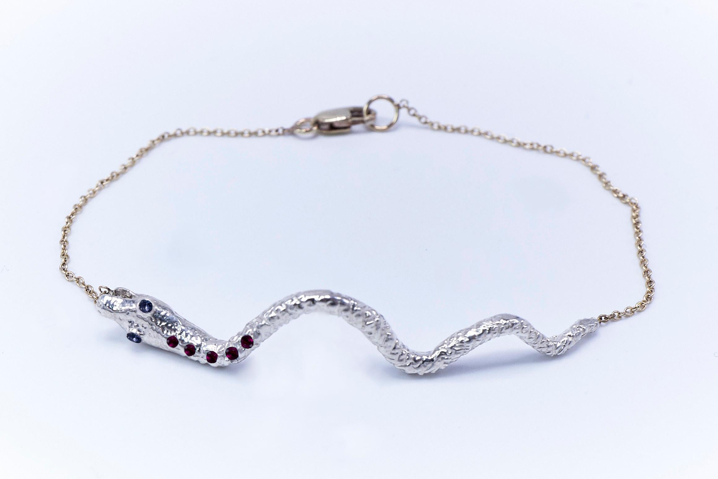 Contemporary  Ruby Tanzanite Snake Gold Silver Chain Bracelet  J Dauphin