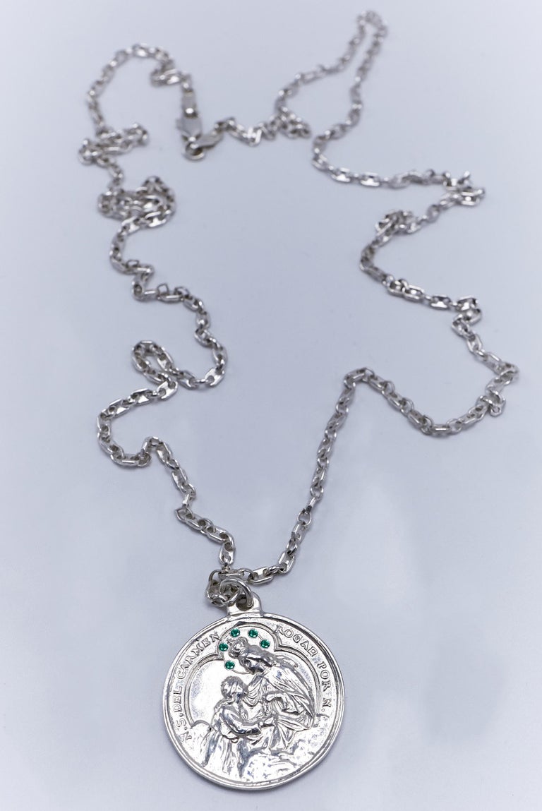 Virgin Mary Medal Emerald Silver Necklace J DAUPHIN For Sale at 1stdibs