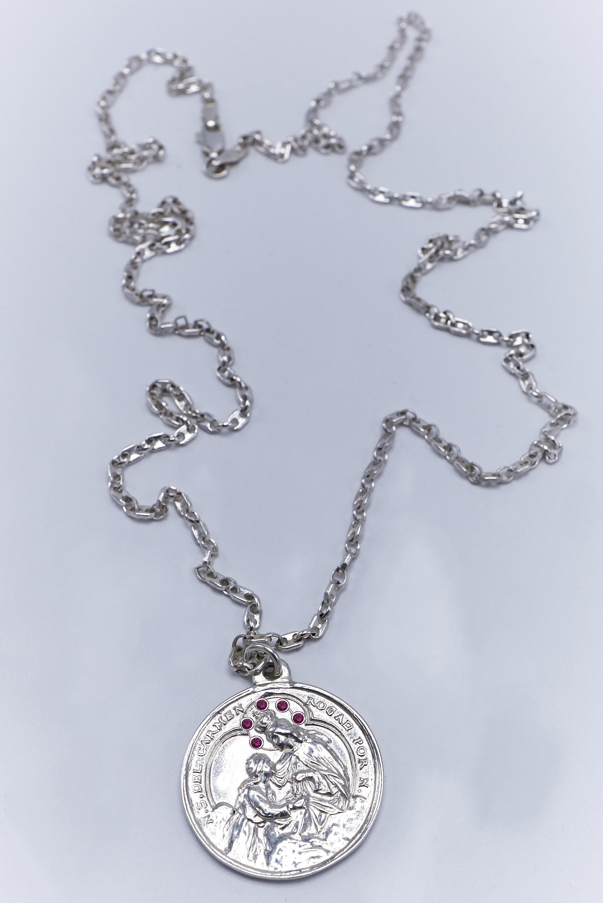Medal Chain Necklace Miraculous Virgin Mary Ruby Silver J Dauphin (Brillantschliff)