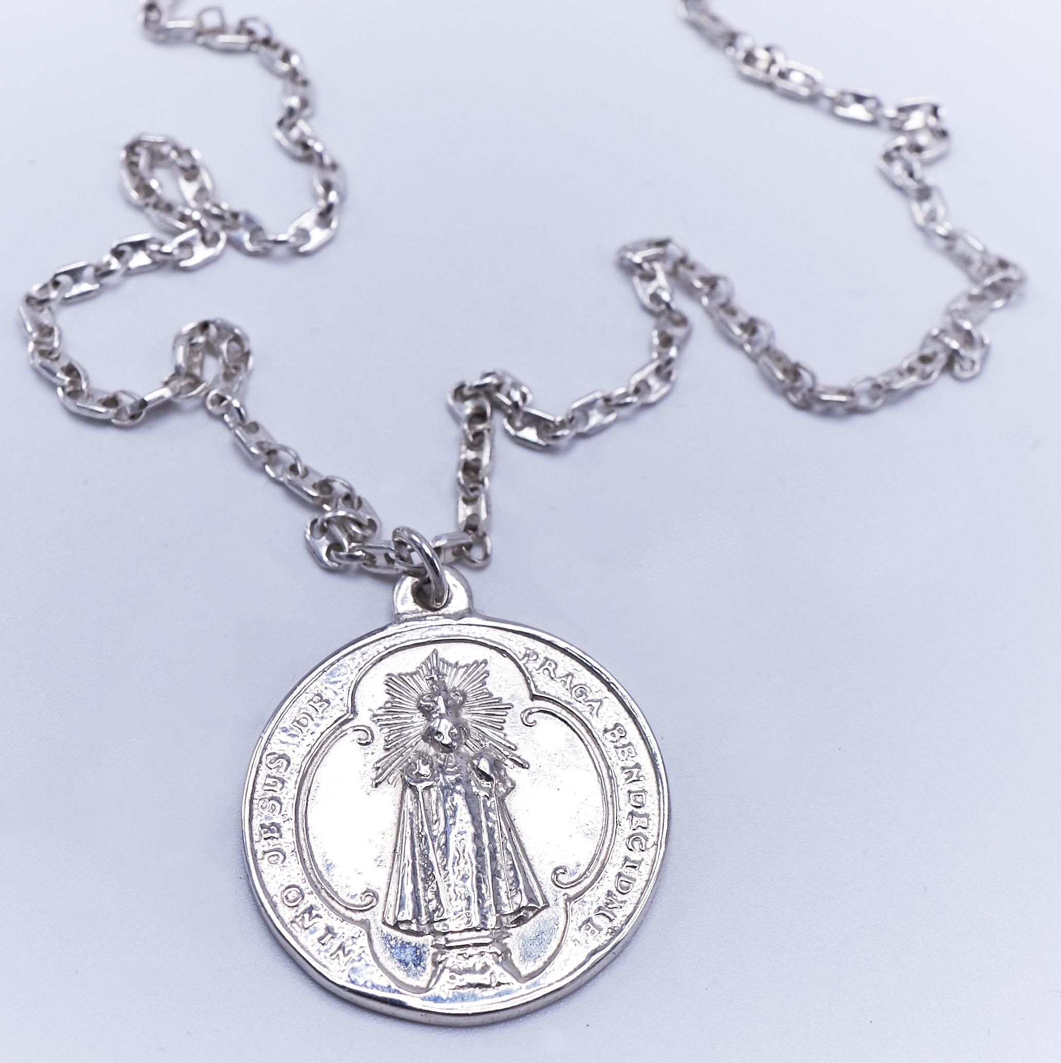 Contemporary Iolite Medal Chain Necklace Miraculous Virgin Mary Silver J Dauphin For Sale