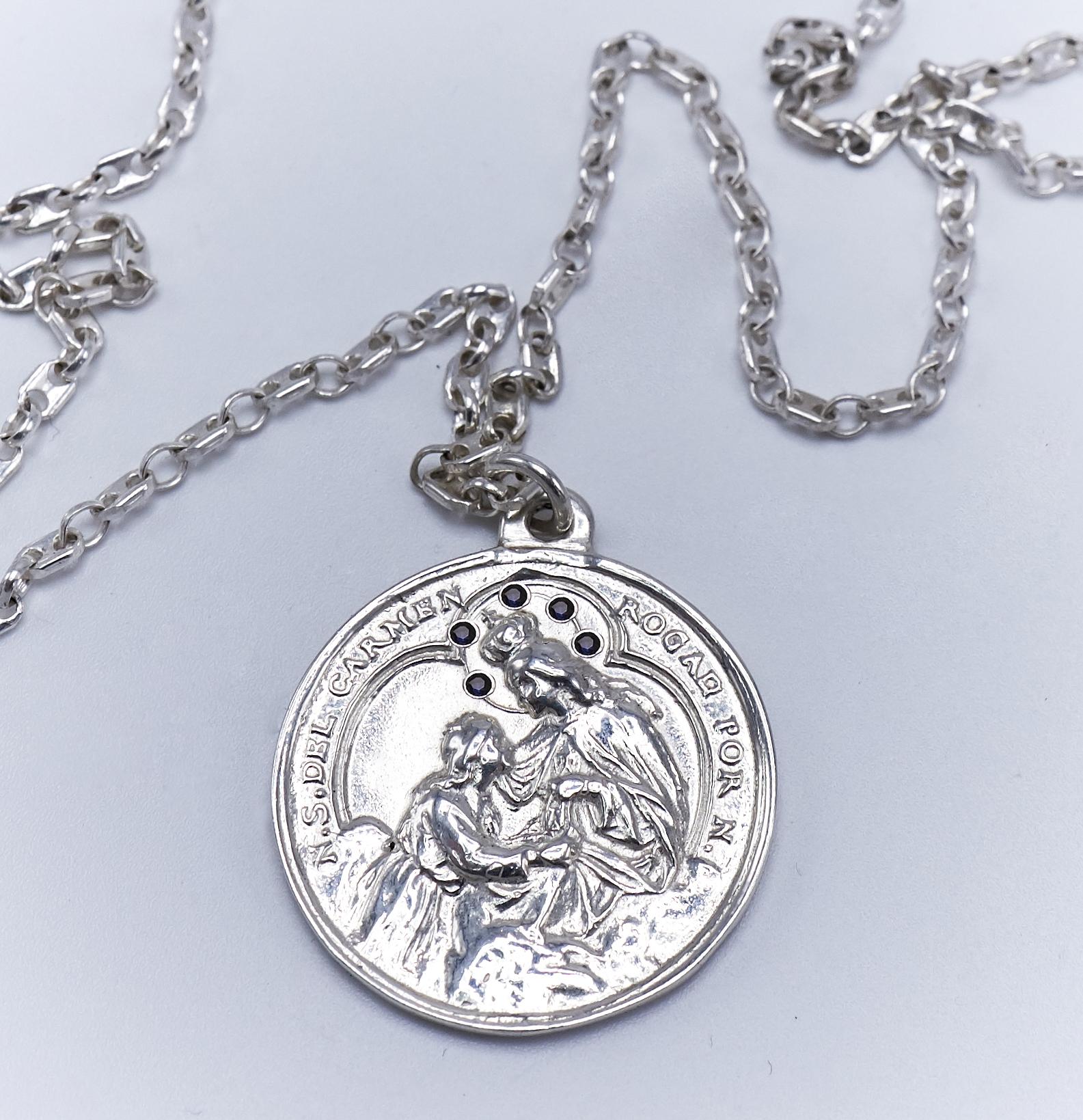 Taille brillant Collier Chaîne Médaille Miraculeuse Vierge Marie Diamant Noir Argent J Dauphin en vente