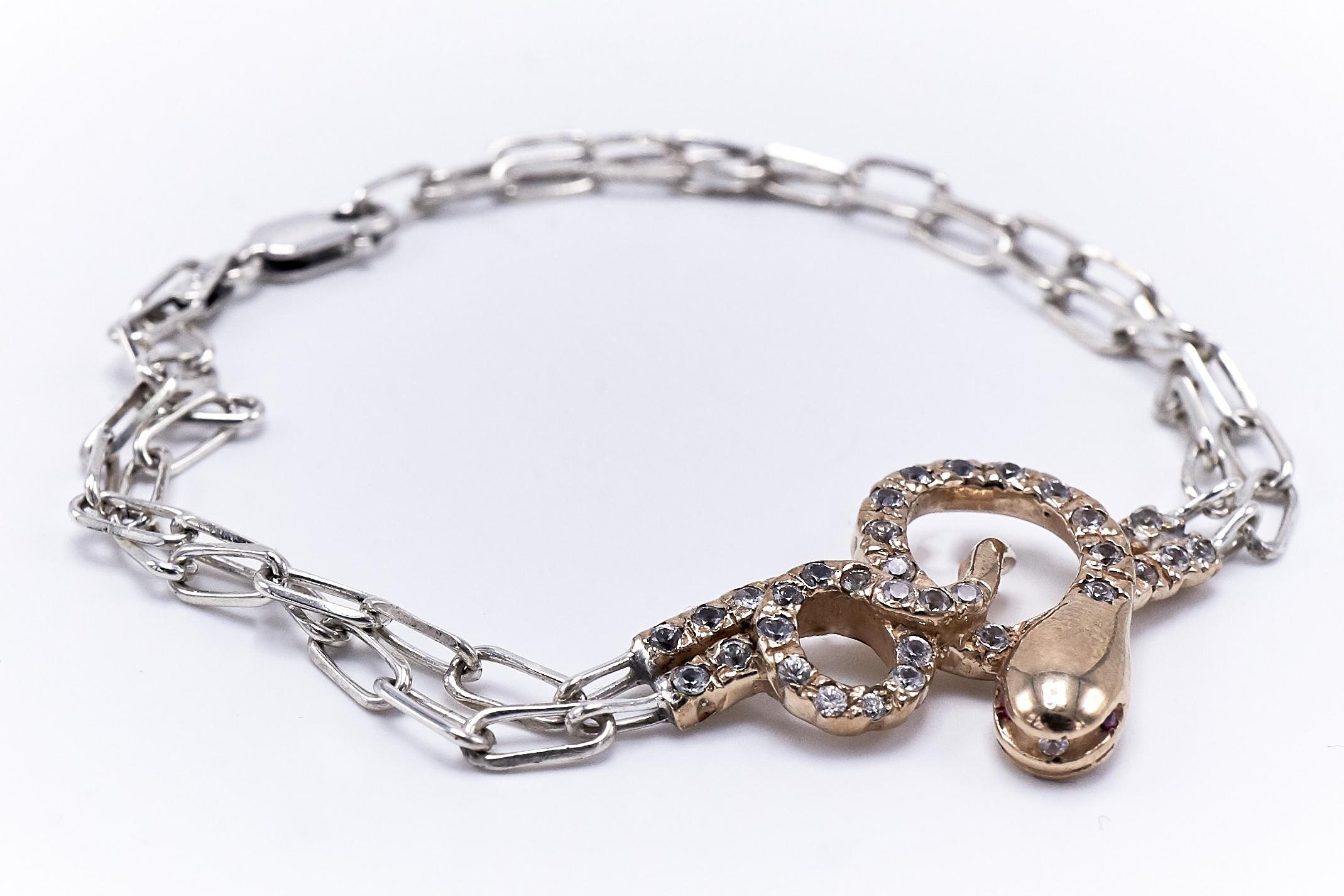 Taille ronde J Dauphin Bracelet serpent en or et diamants blancs avec chaîne épaisse en forme de serpent en vente