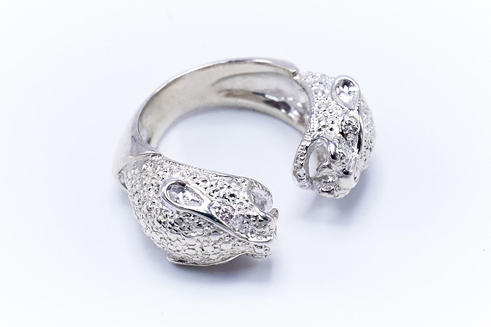 Doppelkopf Jaguar Ring Weißer Diamant Sterlingsilber Cocktail Ring J Dauphin (Brillantschliff) im Angebot