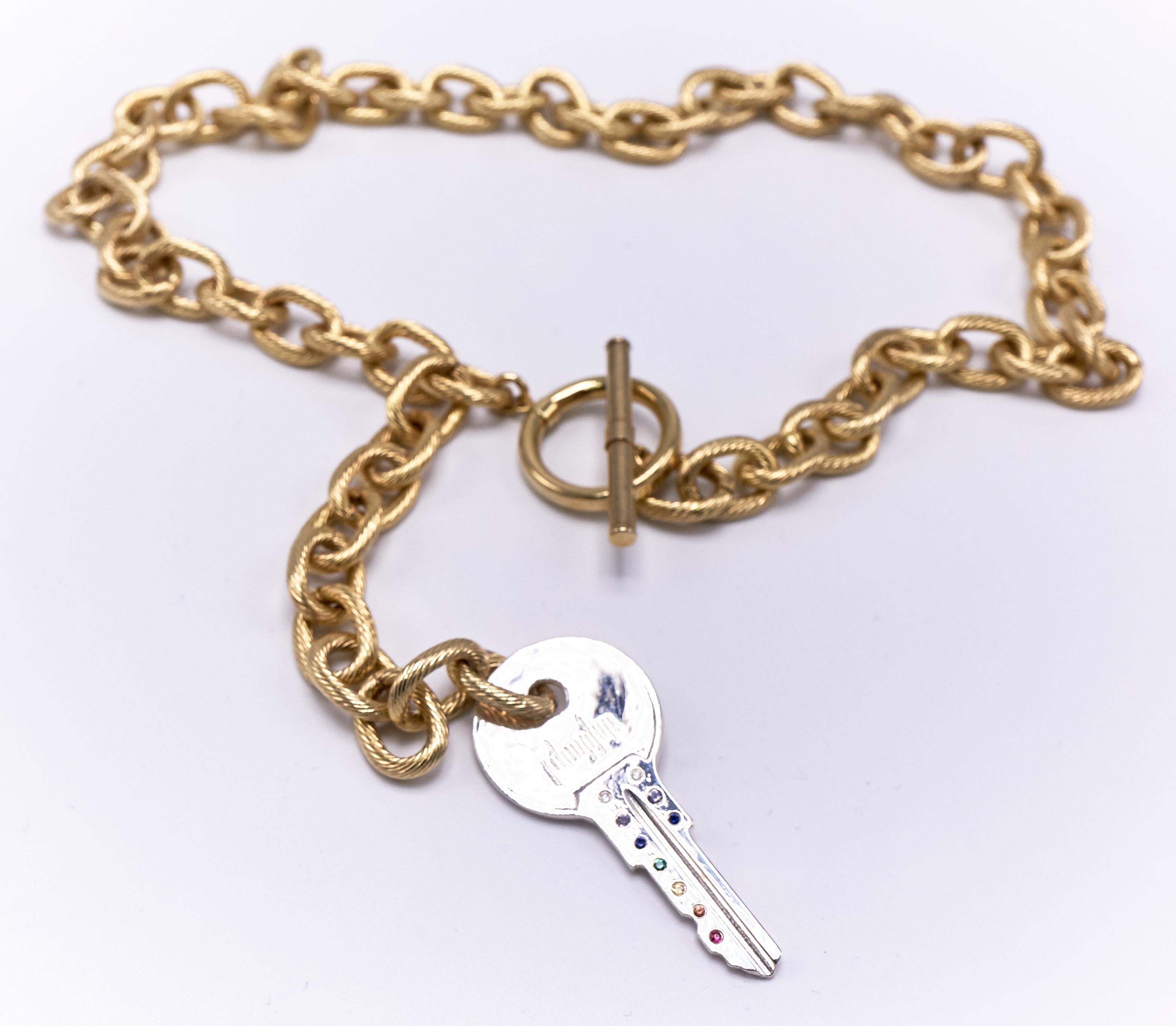 Choker mit klobiger Kette  Halskette, weißer Diamant, Smaragd, Rubin, Schlüssel, Kettensteine, Gold Damen im Angebot