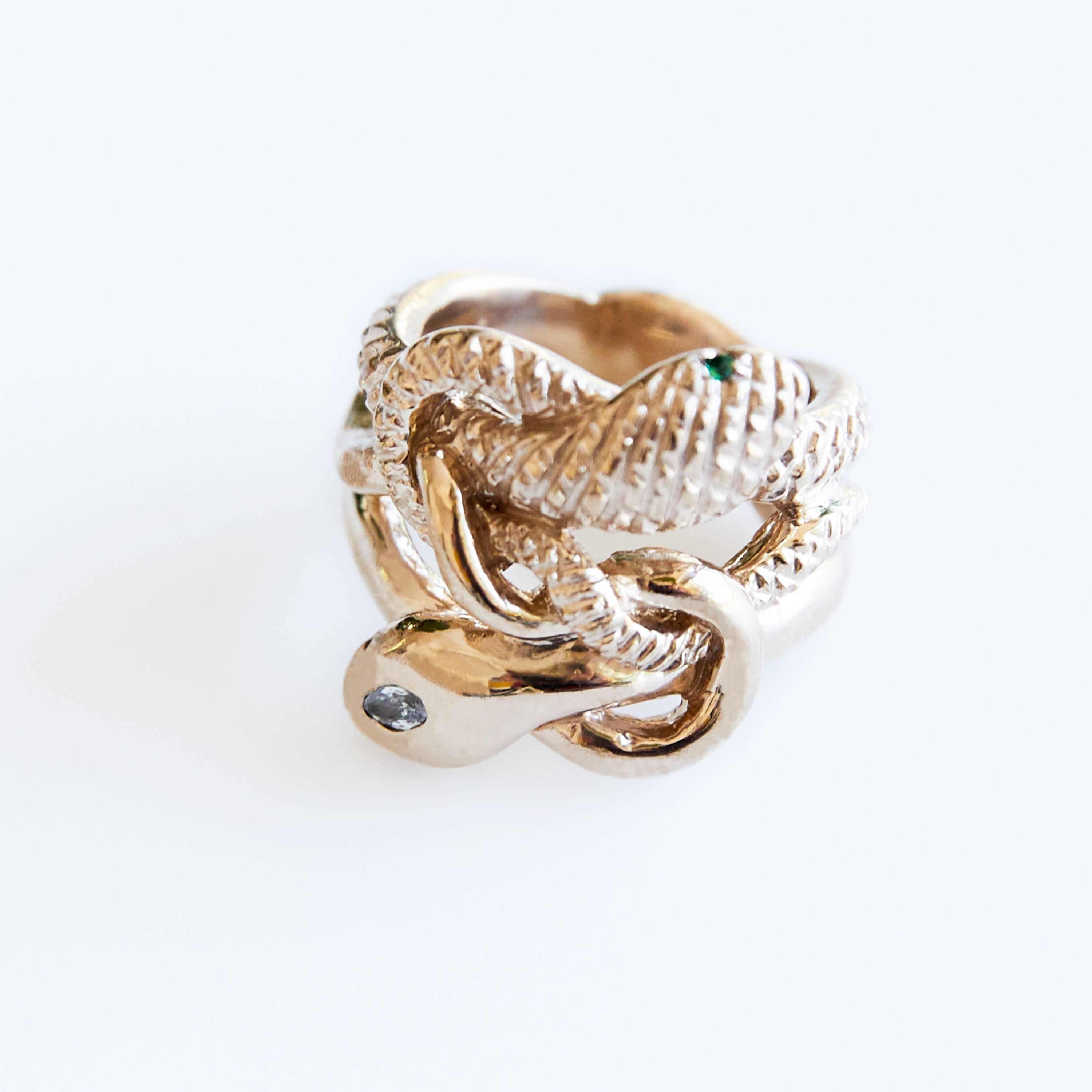 Contemporary Emerald Ruby  Marquis Cut White Sapphire Snake Ring Bronze J Dauphin