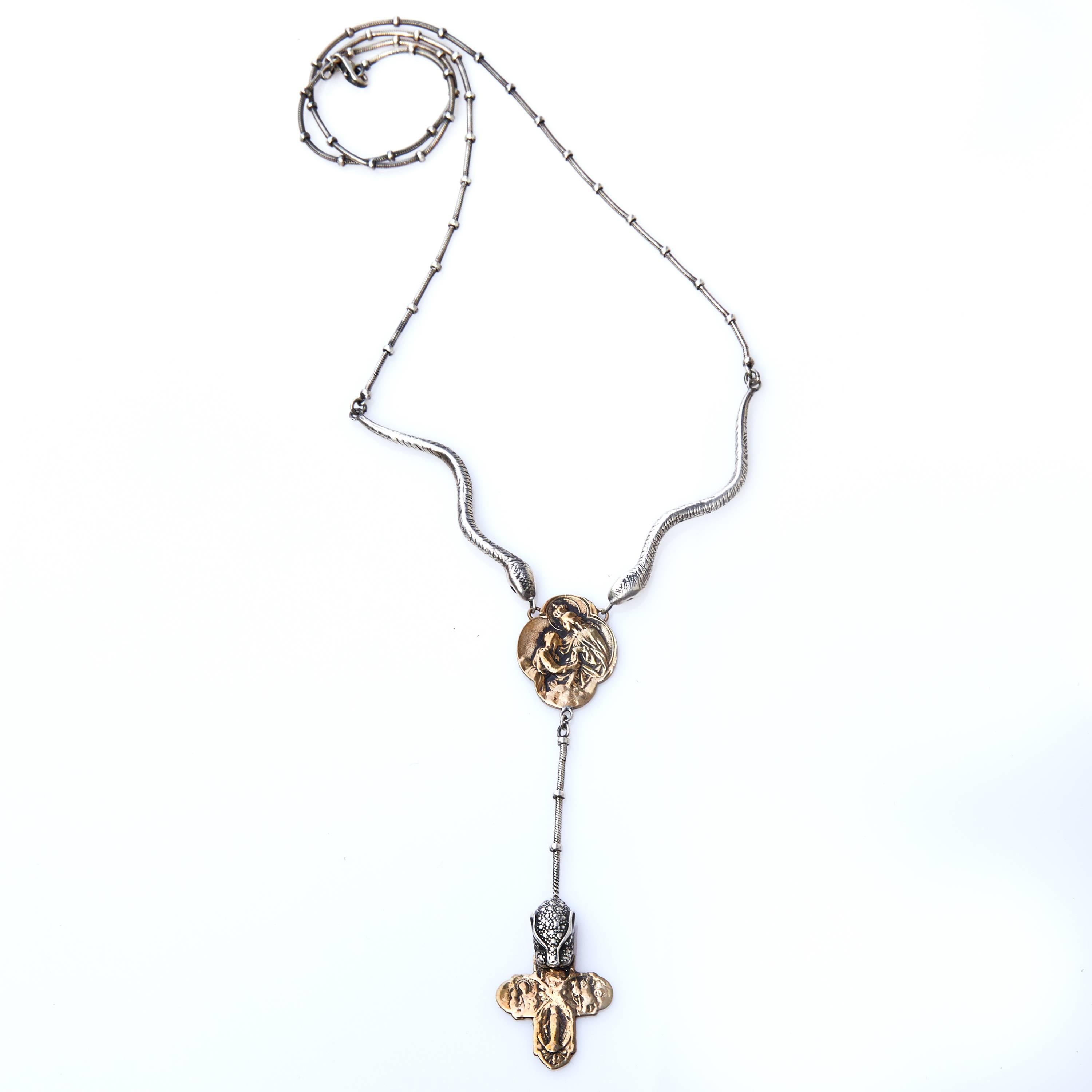 Contemporary Virgin Mary Snake Jaguar Cross Necklace Silver Bronze J Dauphin