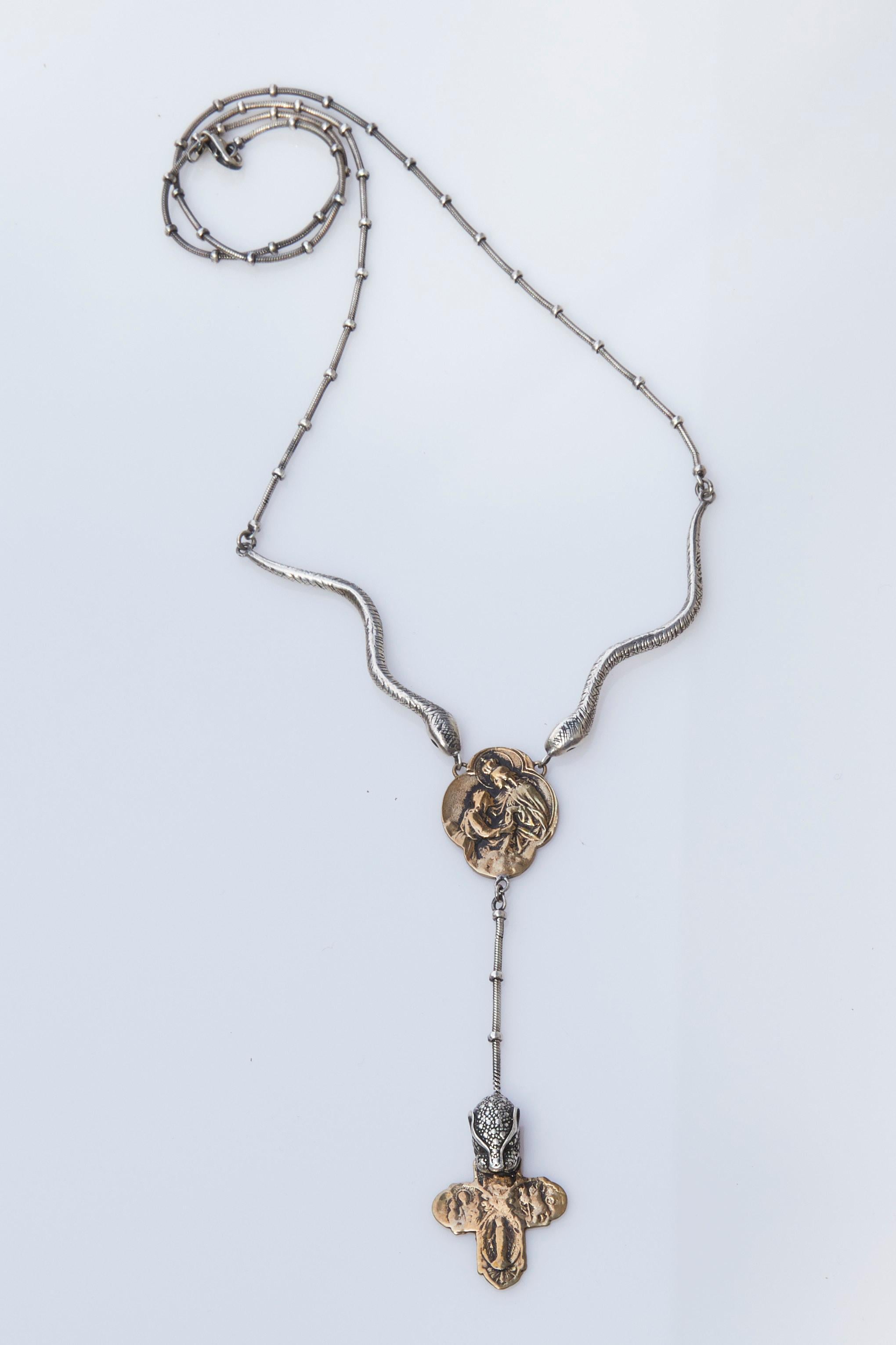 Round Cut Virgin Mary Snake Jaguar Cross Necklace Silver Bronze J Dauphin