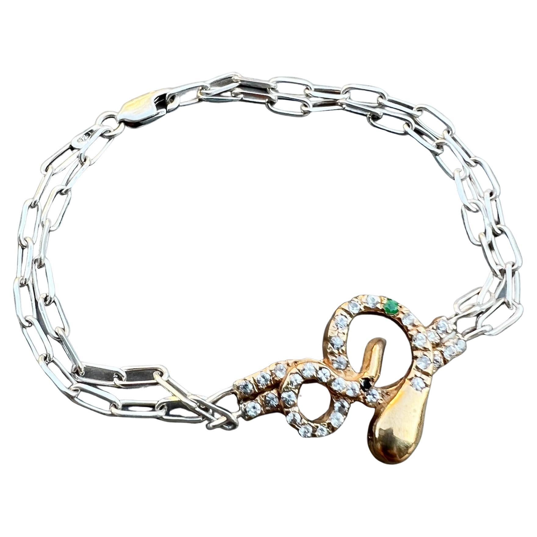 J Dauphin Bracelet serpent en diamant blanc, diamant noir, rubis et chaîne en argent et bronze en vente