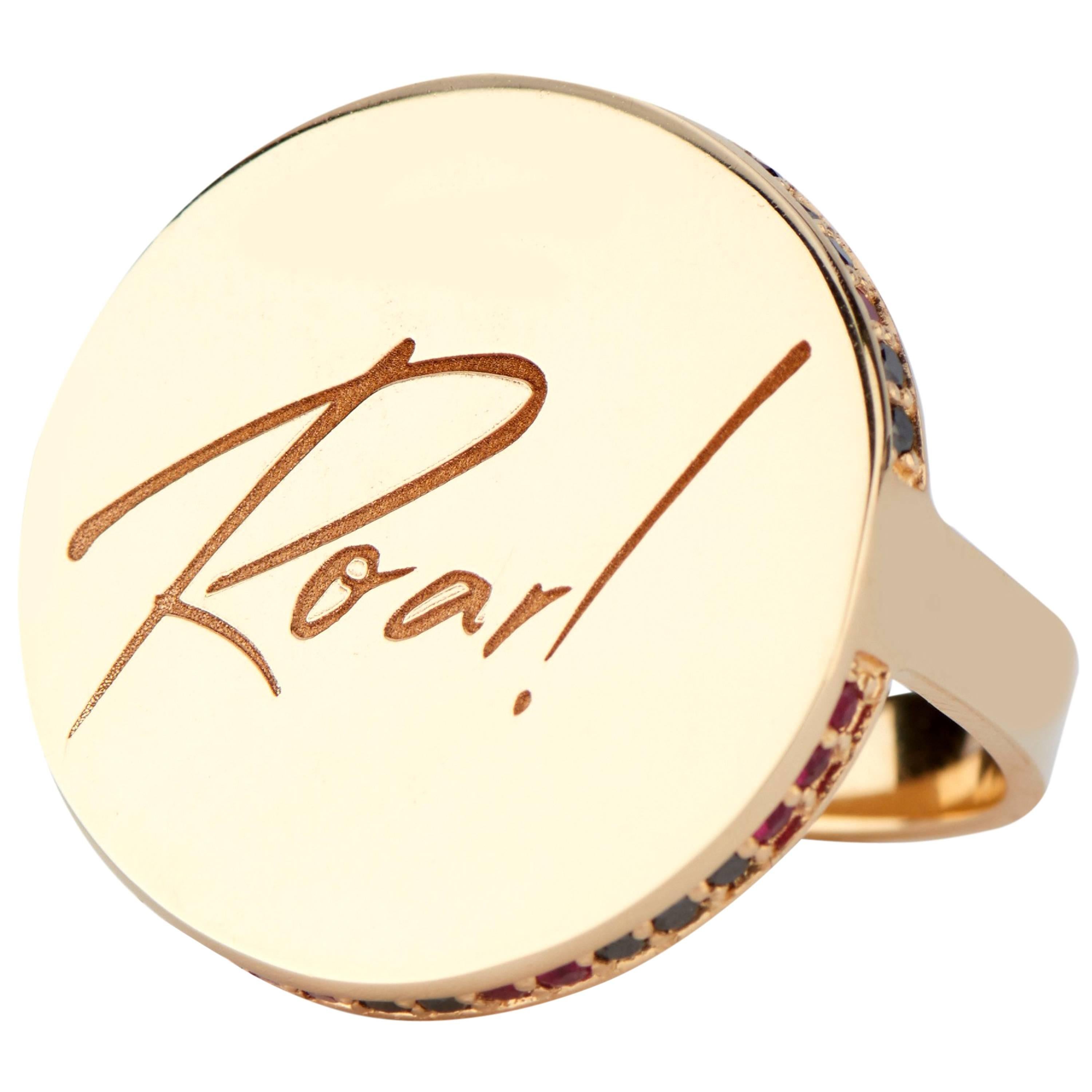 14 Karat Yellow Gold Ruby and Black Diamond "Roar!" Signet Ring