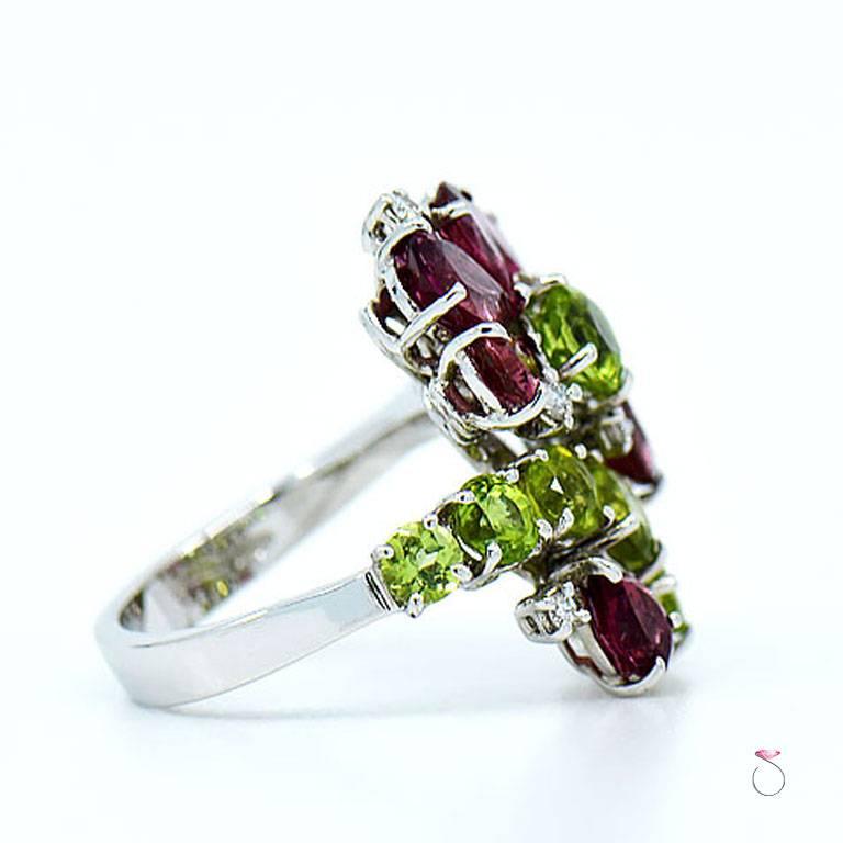Designer Tourmaline, Peridot and Diamond Floral Cluster Ring For Sale
