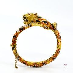 Vintage Italian Tige Enamel Diamond Bangle Bracelet, 18 Karat Yellow Gold