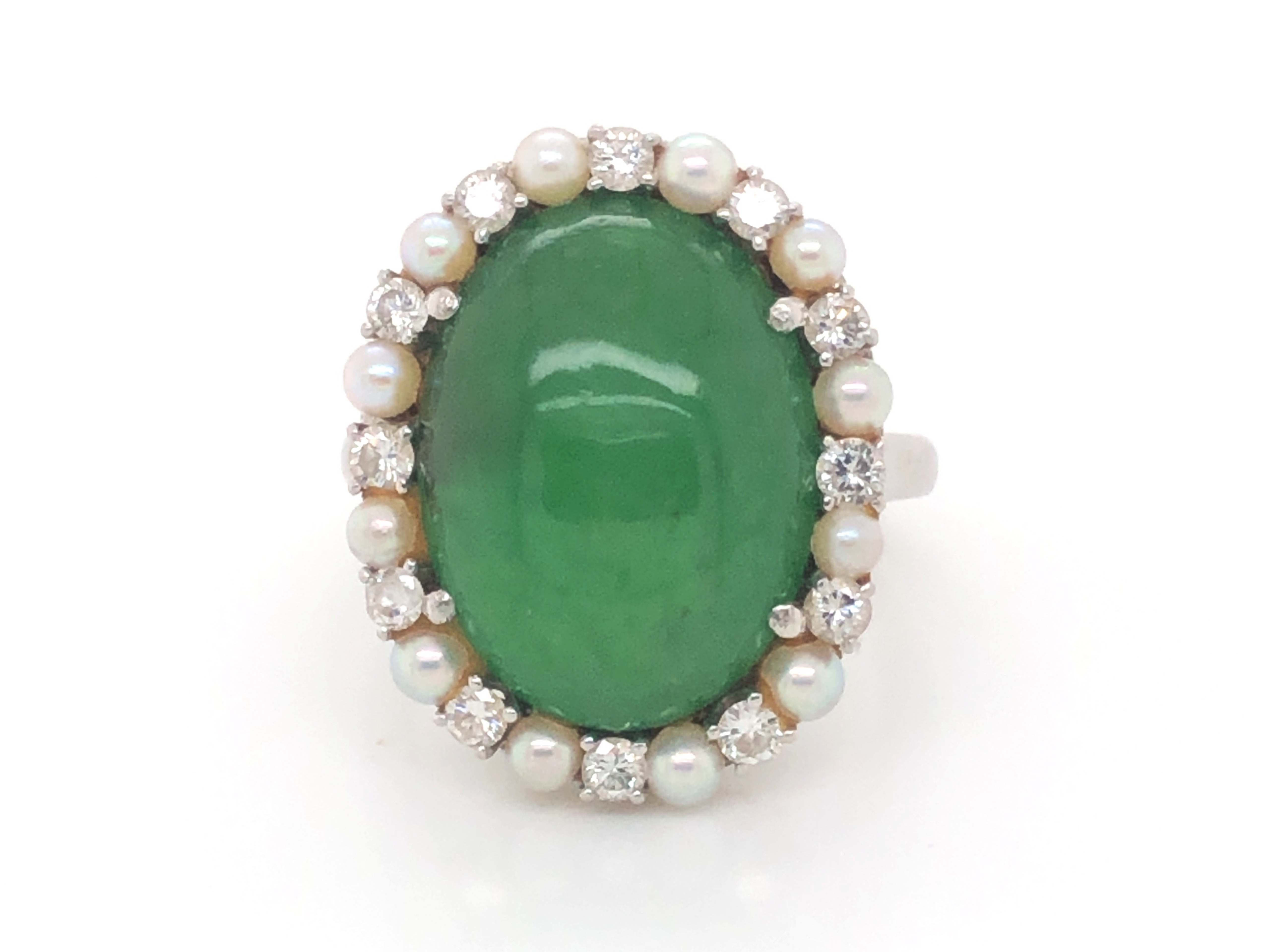 GIA Jadeite Jade Pearl and Diamond Halo Ring in Platinum For Sale