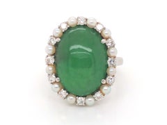 Vintage GIA Jadeite Jade Pearl and Diamond Halo Ring in Platinum