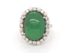 Retro GIA Jadeite Jade Pearl and Diamond Halo Ring in Platinum