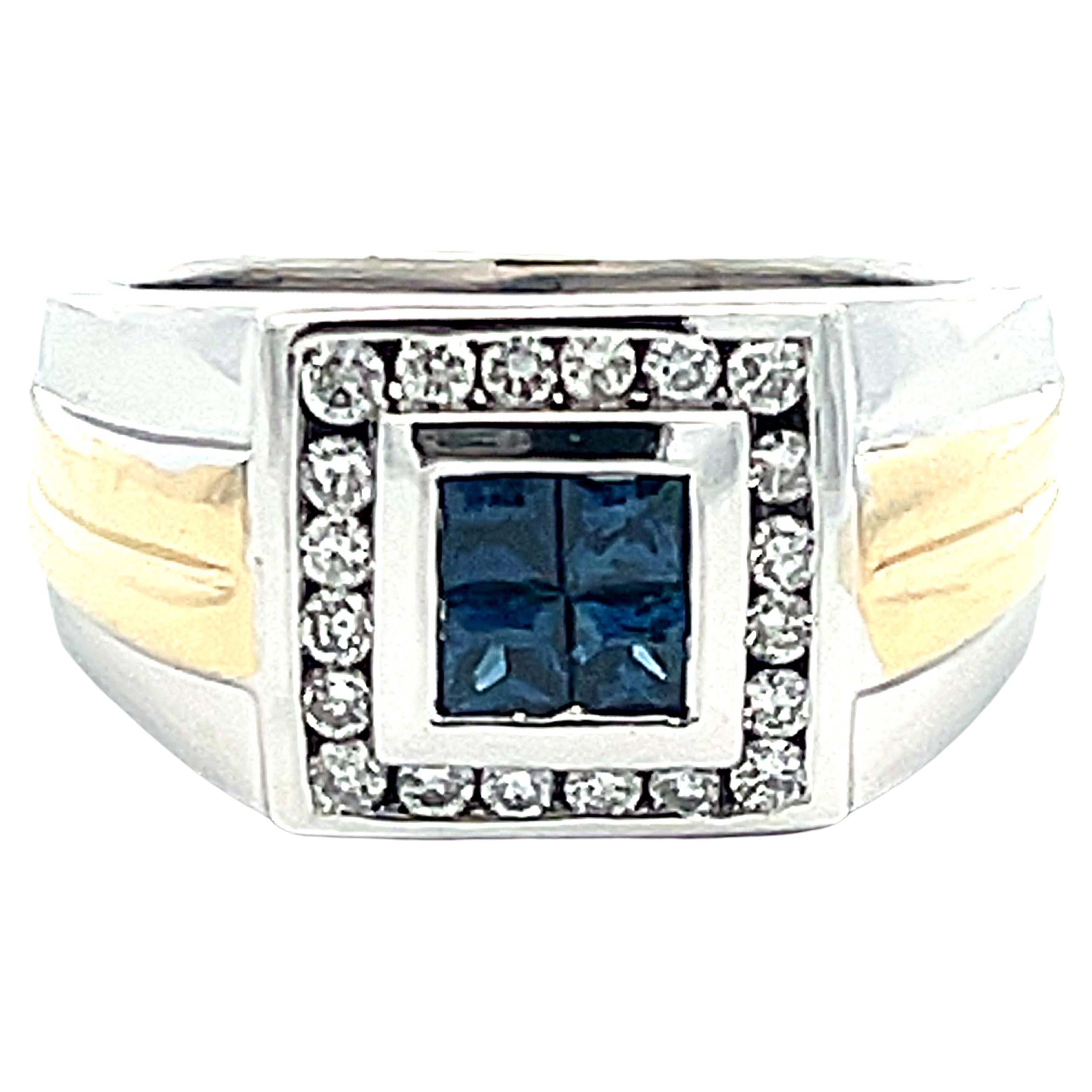 Mens Princess Cut 4 Sapphire Center and Diamond Halo Ring in 14k Gold For Sale
