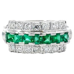 Antique Art Deco Green Emerald Center and Double Diamond Row Ring in Platinum