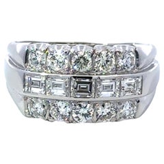 Round Brilliant and Emerald Cut Triple Row Diamond Band Ring 14K White Gold