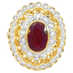 Oval Red Ruby Double Diamond Halo Ring 10k Yellow Gold