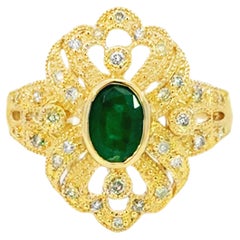 Oval Green Emerald and Diamond Ring 14k Yellow Gold