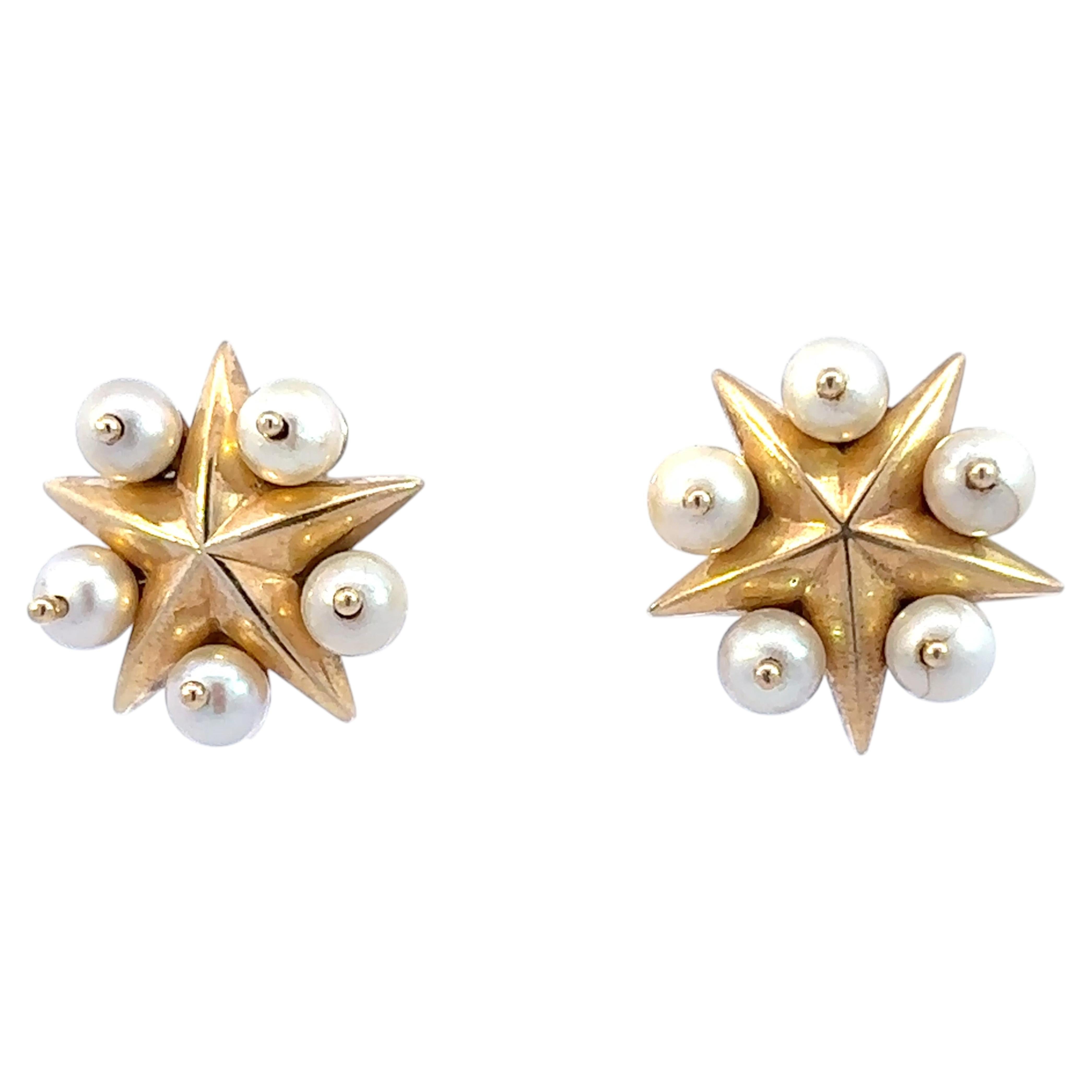Akoya Star Screw Back Earrings in 14K Yellow Gold