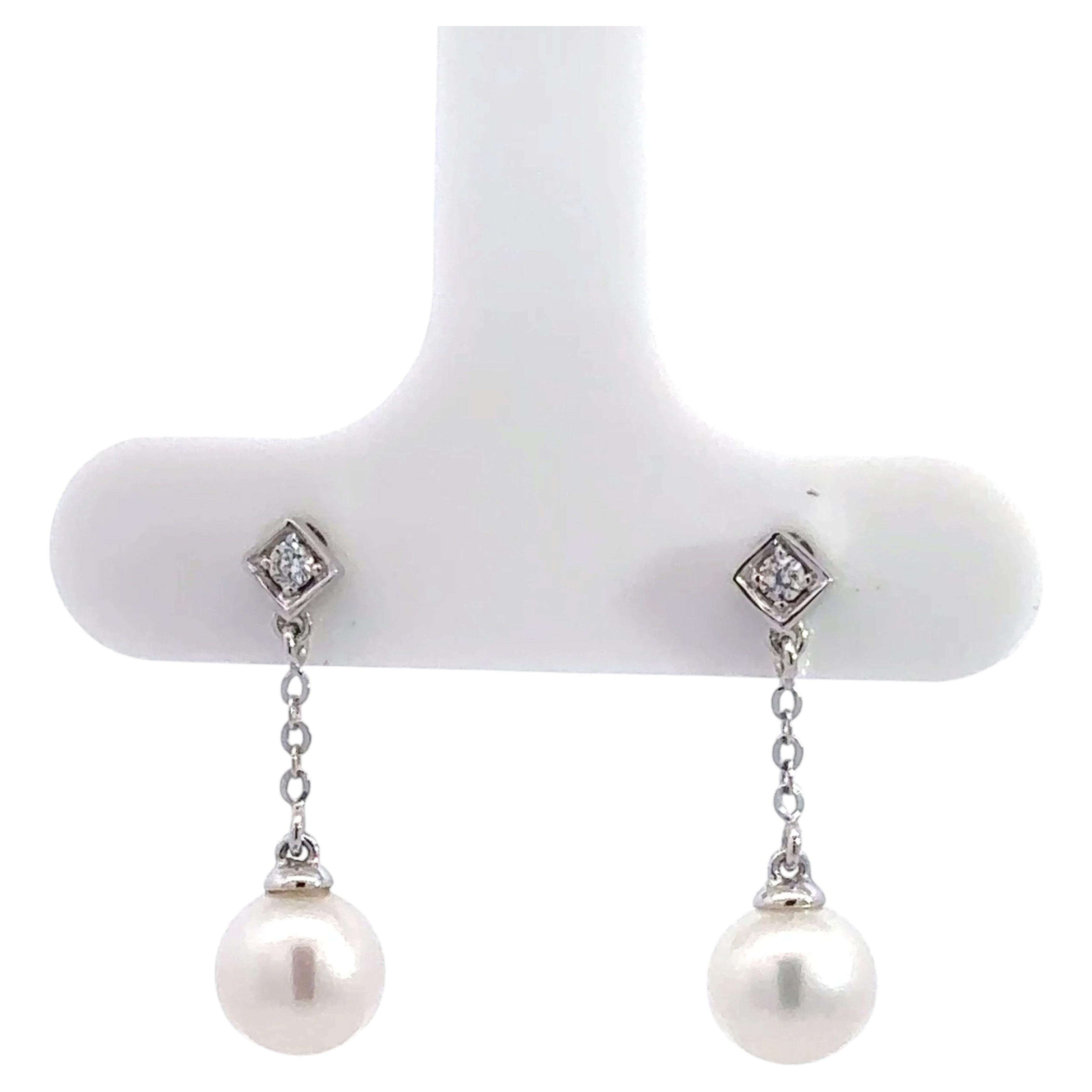 Akoya Pearl Dangly Diamond Earrings 14K White Gold