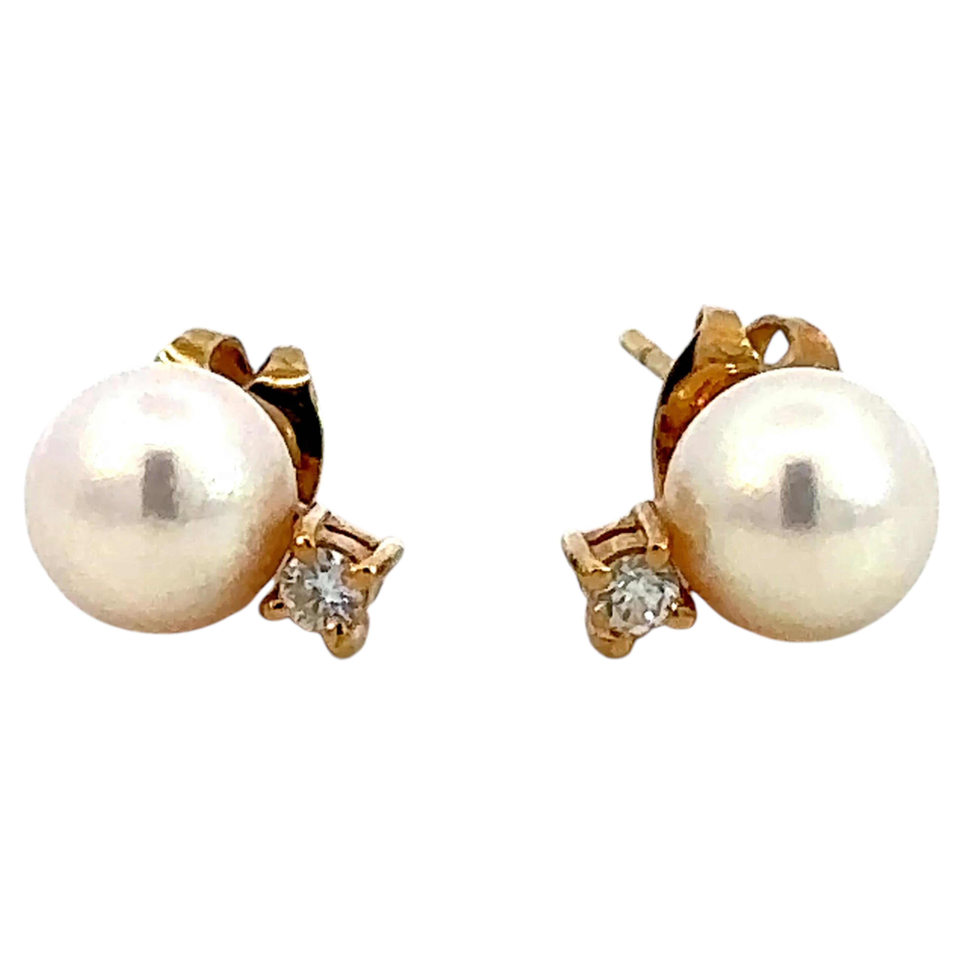 Mikimoto Akoya Pearl and Brilliant Cut Diamond Stud Earrings 18K Yellow Gold