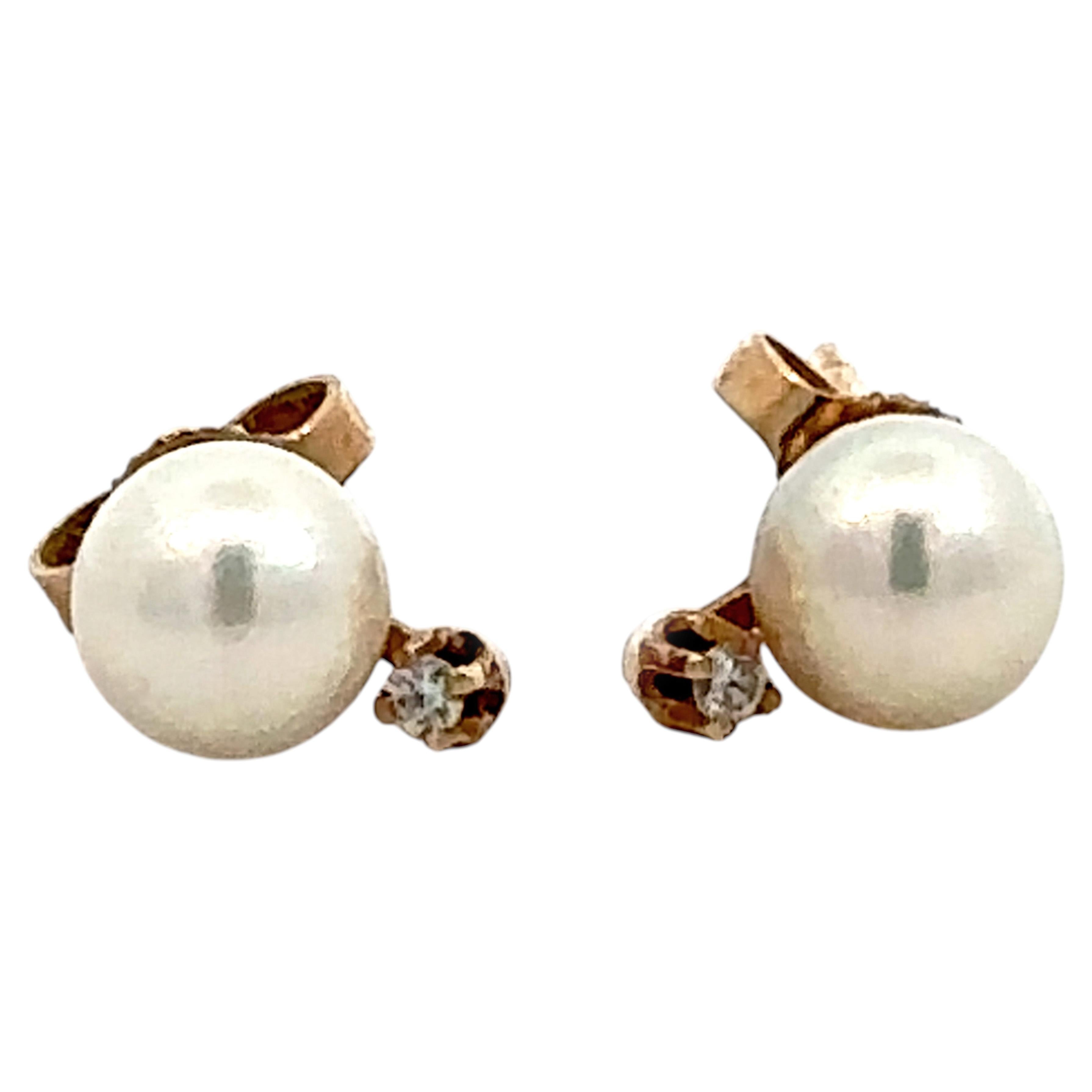 5.9mm Akoya Pearl and Radiant Cut Diamond Stud Earrings 14K Yellow Gold