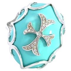 Pippo Perez Turquoise Cabochon Cut and Diamond Cross Ring in 18k White Gold