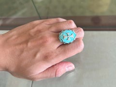 Pippo Perez Turquoise Cabochon Cut and Diamond Cross Ring in 18k White Gold