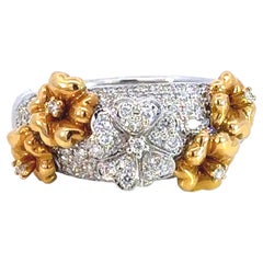Mixed Metal and Diamond Pave Flower Ring 18k White Gold
