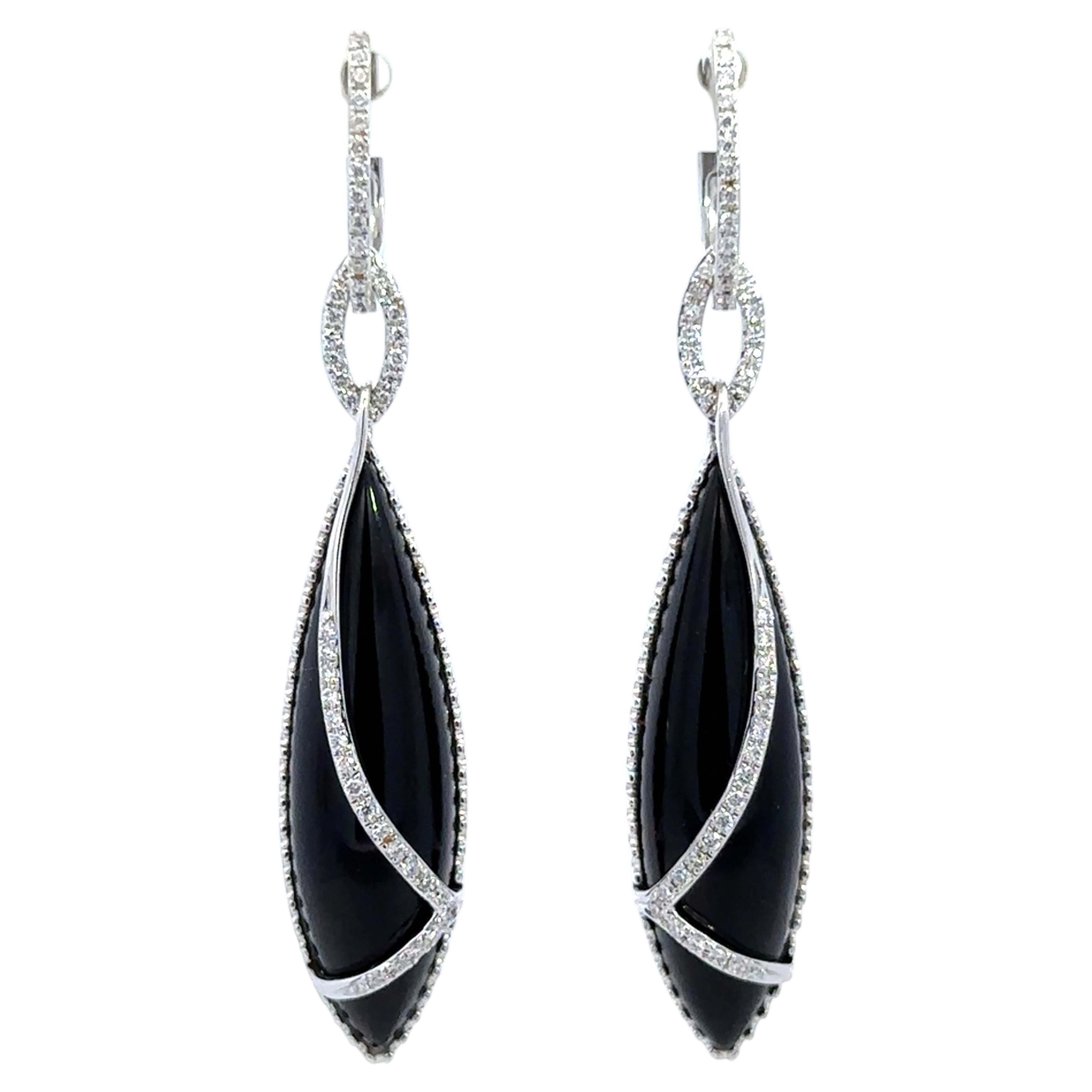 Cabochon Onyx and Diamond Dangle Earring 14k White Gold For Sale