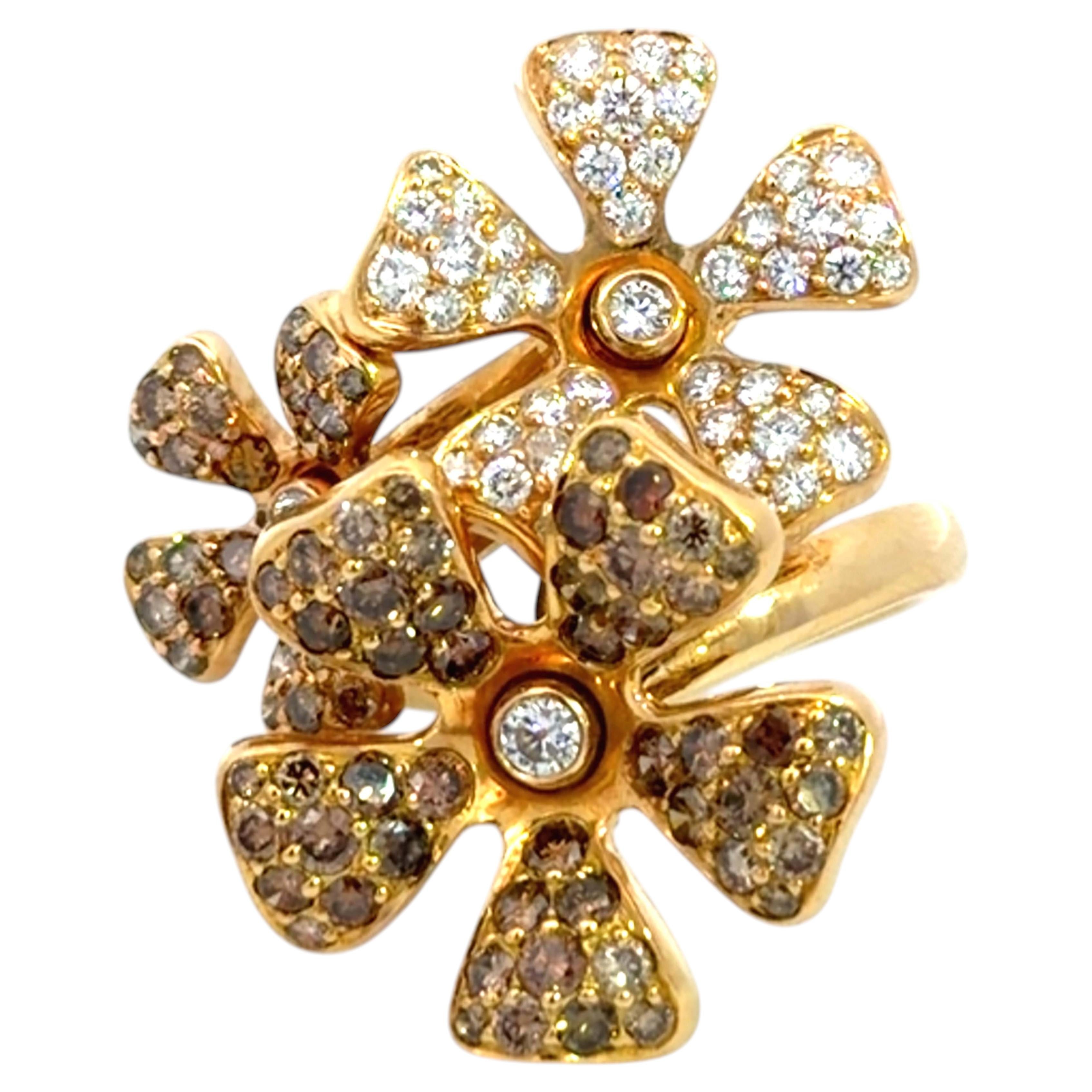 De Beers Three Wildflower Brown and White Diamond Ring 18K Yellow Gold For Sale