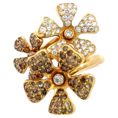De Beers Three Wildflower Brown and White Diamond Ring 18K Yellow Gold