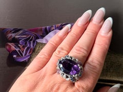 Large Amethyst Sapphire Green Tsavorite Diamond Cocktail Ring 18K White Gold