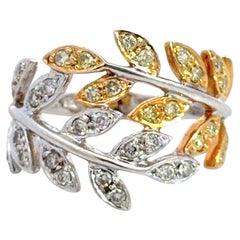 Yellow and White Diamond Leaf Twist Ring 18K White and Yellow Gold