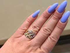 Yellow and White Diamond Leaf Twist Ring 18K White and Yellow Gold