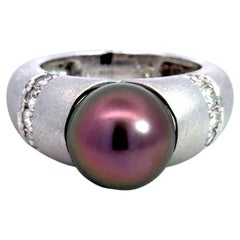 Tahitian Chocolate Pearl Diamond Ring Satin Finish 18K White Gold
