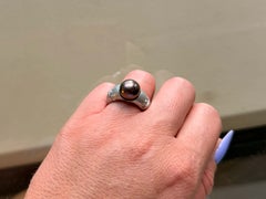 Tahitian Chocolate Pearl Diamond Ring Satin Finish 18K White Gold
